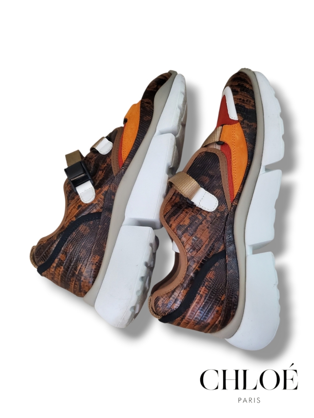 Chloe Sonnie Snake Trainer In Brown Python Leather, Orange Suede & Red Mesh Sz41 - Picture 4 of 13